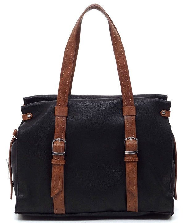 Black Two Tone Vegan Leather Satchel Bag - Rise and Redemption