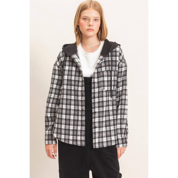 Hallie Hooded Plaid Button-Up Shirt - Rise and Redemption
