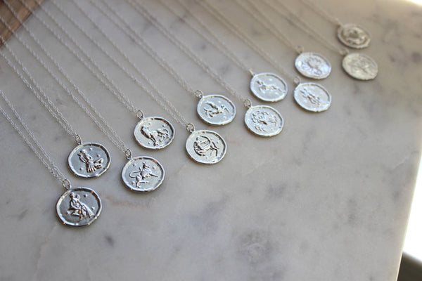 Silver Zodiac Necklace Coin Disk - Rise and Redemption