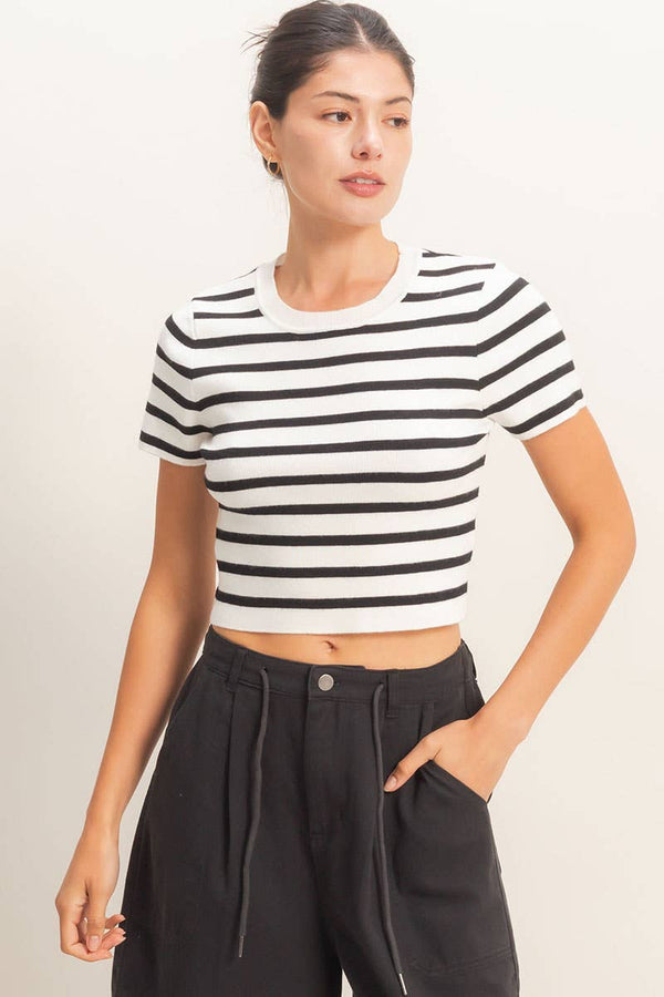 Striped And Knit Crew Neck Crop Top - Rise and Redemption