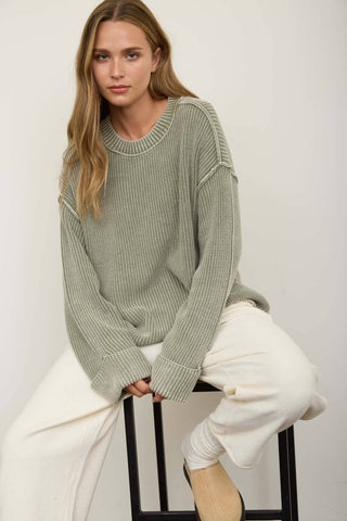 WASHED RIBBED LONG SLEEVE FOLDED CUFF KNIT SWEATER