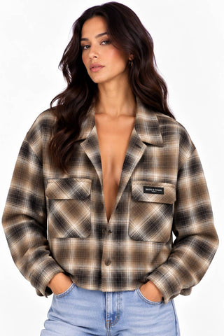 Oversized Raw Hem Crop Boyfriend Flannel Shacket