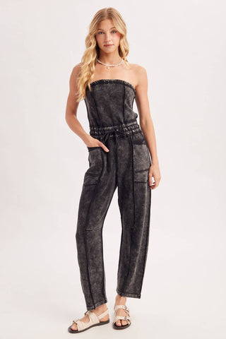 WASHED STRAPLESS SMOCKED WAIST DRAWSTRING JUMPSUIT
