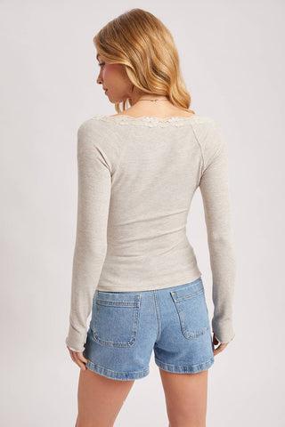LACE TRIM BUTTON DOWN HENLEY KNIT TOP