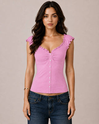 JK58082 - BUTTON DOWN FRIL DETAIL TANK TOP