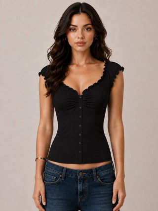 JK58082 - BUTTON DOWN FRIL DETAIL TANK TOP