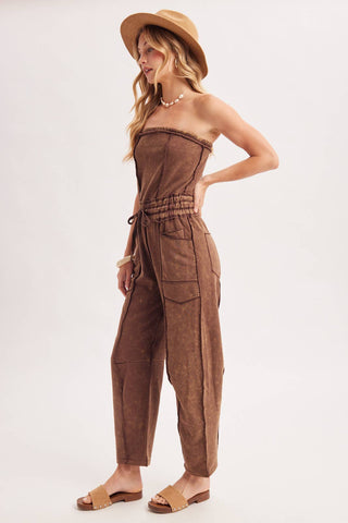 WASHED STRAPLESS SMOCKED WAIST DRAWSTRING JUMPSUIT