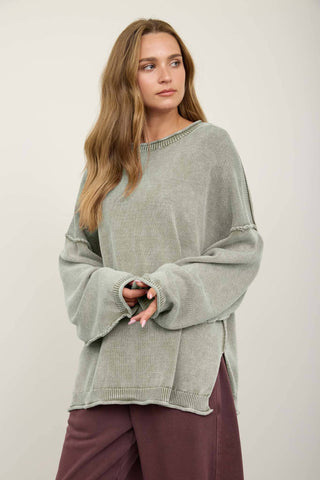 WASHED RAW EDGE CREW NECK DROP SLEEVE SWEATER