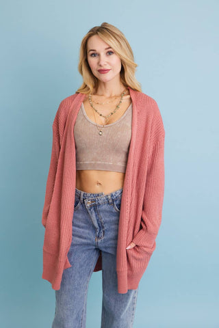 Cozy Open-Front Waffle Knit Long Cardigan