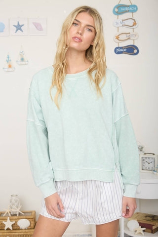 ACID WASH LONG SLEEVE SIDE SLIT KNIT TOP