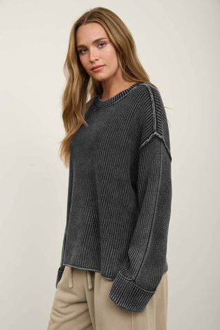 WASHED RIBBED LONG SLEEVE FOLDED CUFF KNIT SWEATER