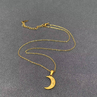 Inlaid CZ Moon Charm 18K Golden S.Steel Necklace