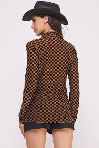 Long Sleeve Checkered Mesh Top