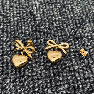 18K Gold Plated Heart Shape Charm Bow Post Earrings - FGS - Rise and Redemption