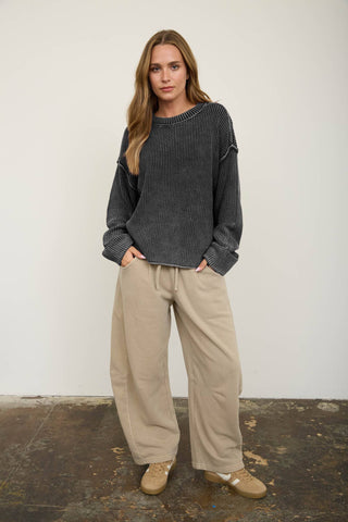 WASHED RIBBED LONG SLEEVE FOLDED CUFF KNIT SWEATER