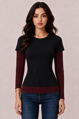 JT57815L - LAYERED STRIPEY LONG SLEEVE TOP: BLACK MEDIUM BURGUNDY BLACK / S-M-L/2-2-2