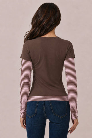 JT57815L - LAYERED STRIPEY LONG SLEEVE TOP: H. GREY H.GREY SOFT WHITE / S-M-L/2-2-2