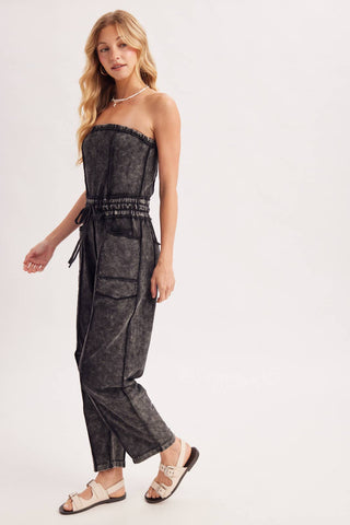 WASHED STRAPLESS SMOCKED WAIST DRAWSTRING JUMPSUIT