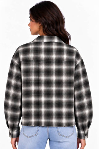 Oversized Raw Hem Crop Boyfriend Flannel Shacket