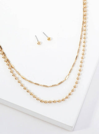 2 - PC - Set Polished Brass 3mm Ball - Chain 5mm Box - Chain 27 - 28 - inch Long Layered Necklace Set - with - Earrings - Rise and Redemption