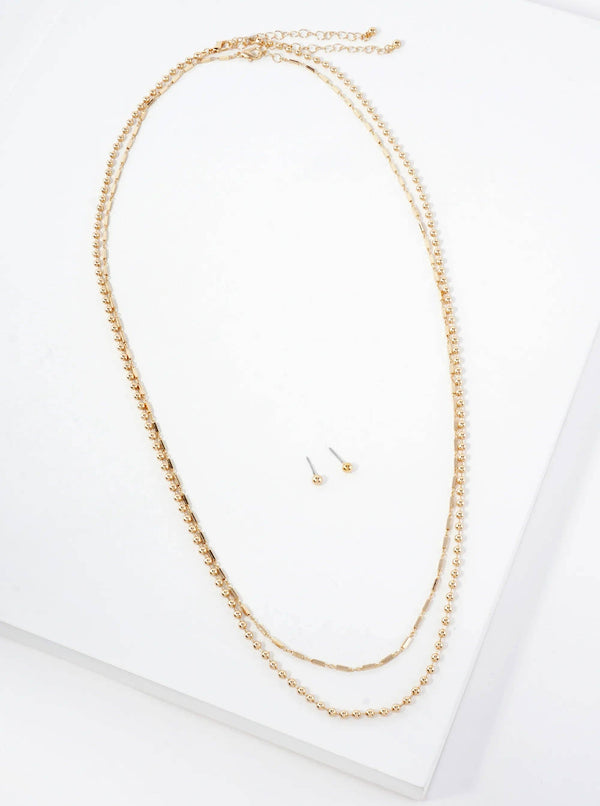 2 - PC - Set Polished Brass 3mm Ball - Chain 5mm Box - Chain 27 - 28 - inch Long Layered Necklace Set - with - Earrings - Rise and Redemption
