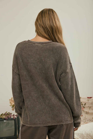 WASHED RIBBED HENLEY DROP SHOULDER KNIT SWEATER