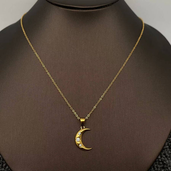 Inlaid CZ Moon Charm 18K Golden S.Steel Necklace