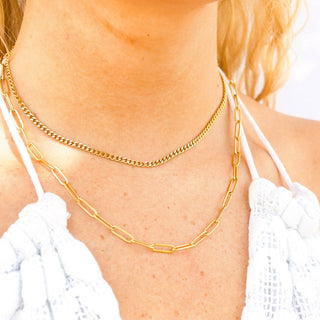 18K Gold PVD Stainless Steel Curb and Paperclip Layered Chain Necklace