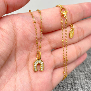 Inlaid CZ Horseshoe charm18K Gold Plated SS Necklace - FGS