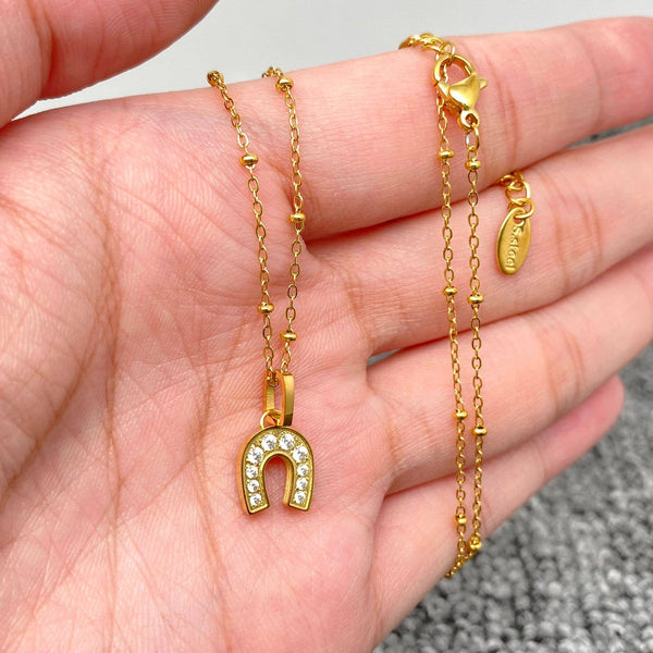 Inlaid CZ Horseshoe charm18K Gold Plated SS Necklace - FGS