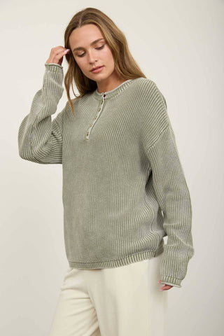 WASHED RIBBED HENLEY DROP SHOULDER KNIT SWEATER