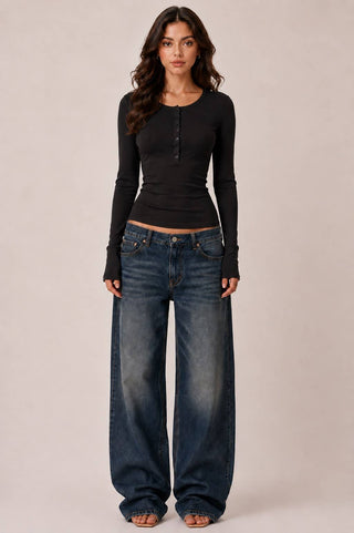 JT57726L - LONG SLEEVE CREW NECK BUTTON HENLEY TOP