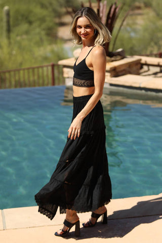 26P74 - ASIS TIERED MAXI SKIRT WITH LACE TRIM AND SLIT - Rise and Redemption
