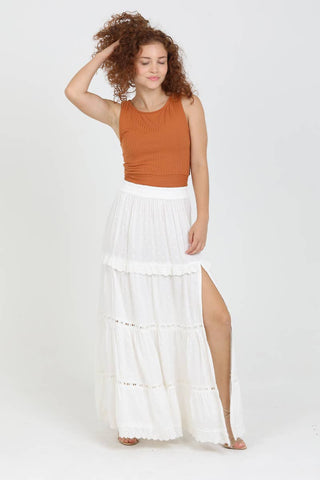 26P74 - ASIS TIERED MAXI SKIRT WITH LACE TRIM AND SLIT - Rise and Redemption