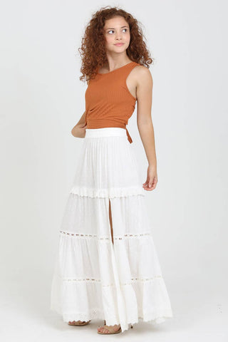 26P74 - ASIS TIERED MAXI SKIRT WITH LACE TRIM AND SLIT - Rise and Redemption