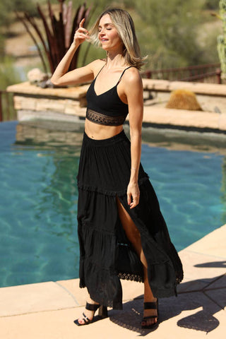 26P74 - ASIS TIERED MAXI SKIRT WITH LACE TRIM AND SLIT - Rise and Redemption