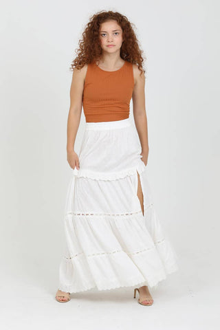 26P74 - ASIS TIERED MAXI SKIRT WITH LACE TRIM AND SLIT - Rise and Redemption