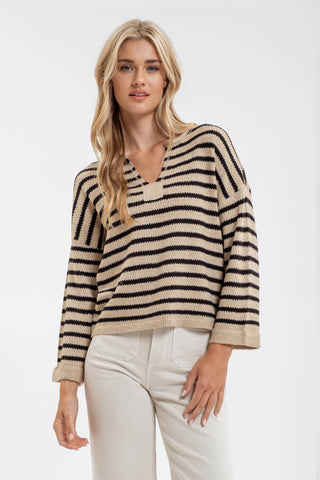 Stripe split neck sweater