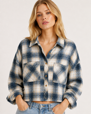 Women’s Plaid Double Pocket Cropped Shirt