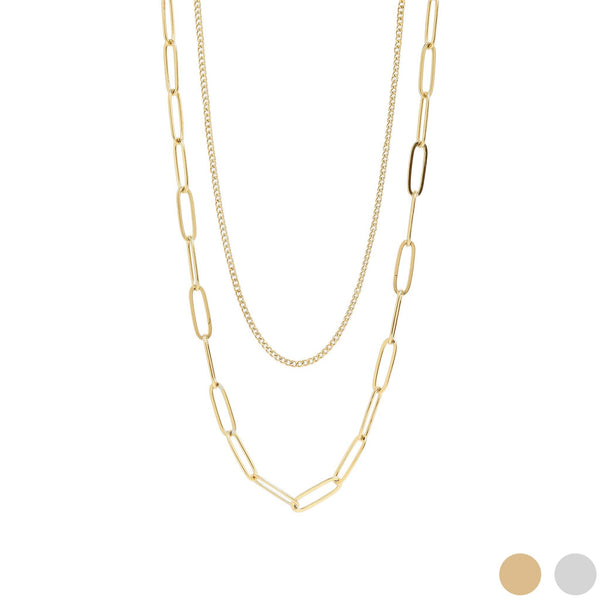 18K Gold Stainless Steel Dainty Curb and Paperclip Layered Chain Necklace