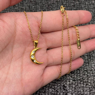 Inlaid CZ Moon Charm 18K Golden S.Steel Necklace