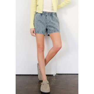 Elastic Waist Mineral Wash Denim Shorts