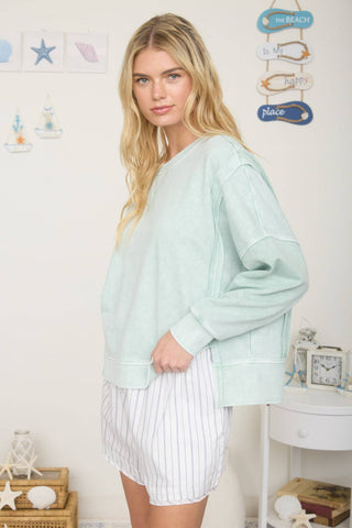 ACID WASH LONG SLEEVE SIDE SLIT KNIT TOP