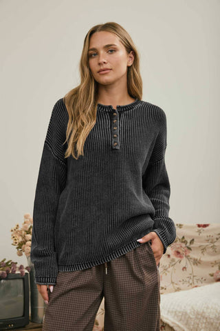 WASHED RIBBED HENLEY DROP SHOULDER KNIT SWEATER