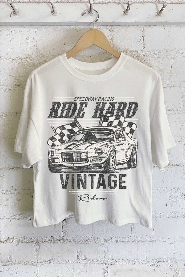RIDE HARD VINTAGE CAR GRAPHIC LONG CROP TOP