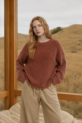 WASHED RIBBED LONG SLEEVE FOLDED CUFF KNIT SWEATER