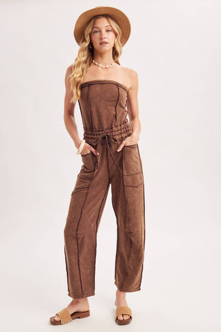 WASHED STRAPLESS SMOCKED WAIST DRAWSTRING JUMPSUIT