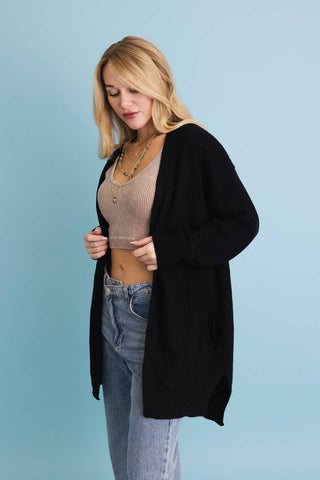 Cozy Open-Front Waffle Knit Long Cardigan