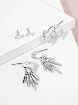 3PC - Set Crystal - Pave Polished Metal Huggie Hoop Stud Earrings - Rise and Redemption