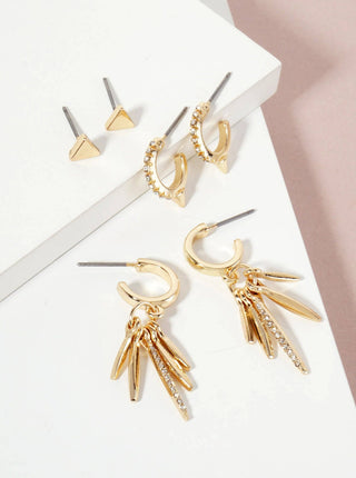 3PC - Set Crystal - Pave Polished Metal Huggie Hoop Stud Earrings - Rise and Redemption